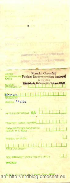 Karta Przekroczenia Granicy na paszport służbowy, PRL, 1988