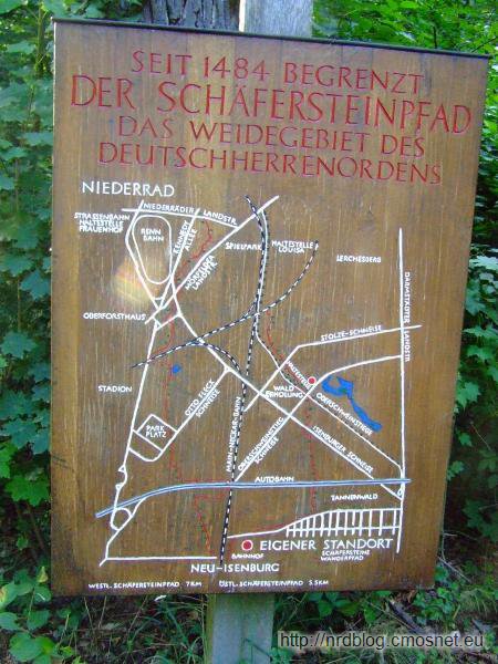 Mapa z naniesioną granicą między terytorium Zakonu Krzyżackiego a miasta Frankfurt (Schäfersteinpfad)